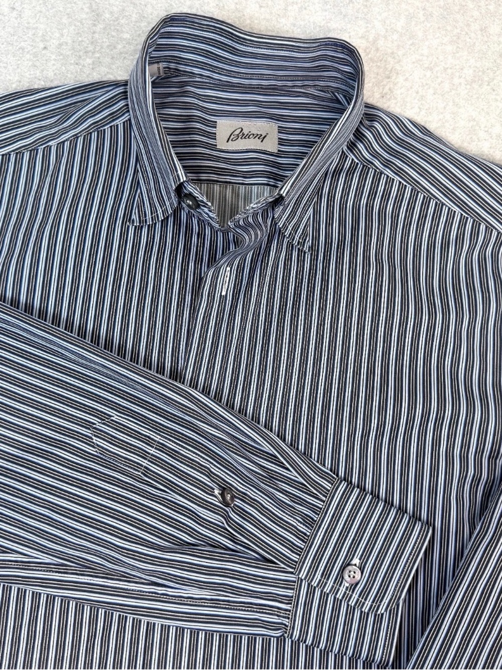 Brioni Men's Navy, Light Blue & White Multi-Stripe Dress Shirt